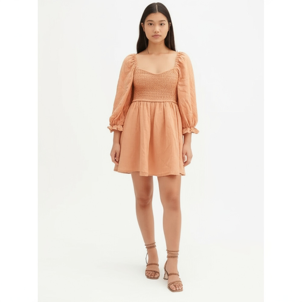 Mittoshop Mini Dress Womens Large Peachy Orange Smocked Puff Sleeve Casual Boho